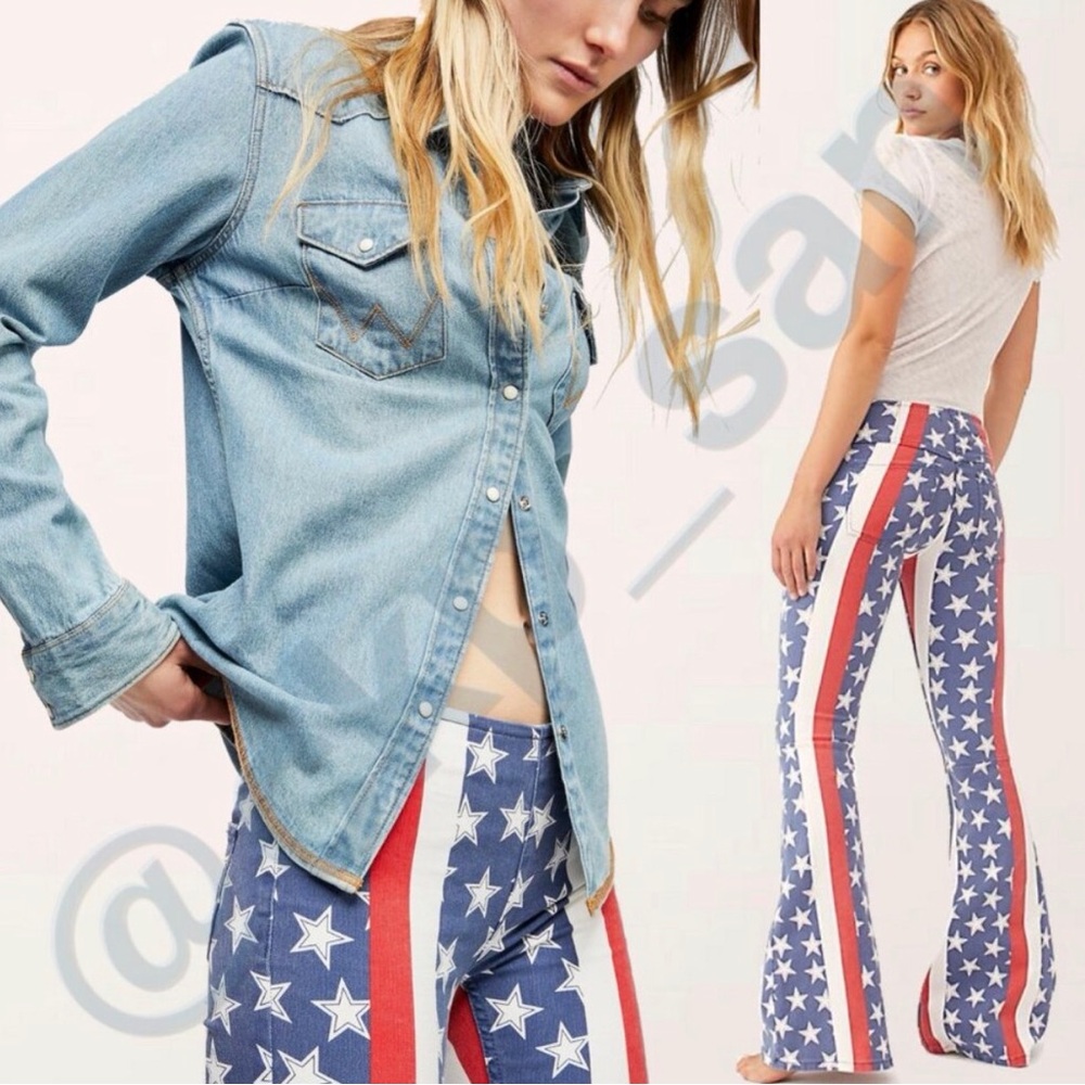 Free People Blue Star Print Flare Pants with Red Stripes - Picture 2 of 4
